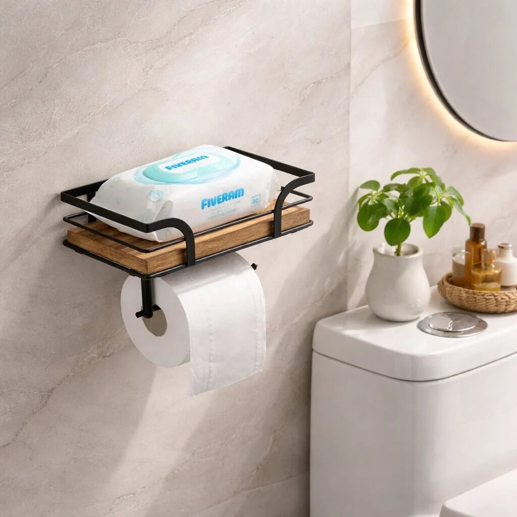 Toilet Paper Holder Wall-Mounted Shelf Space-Saving