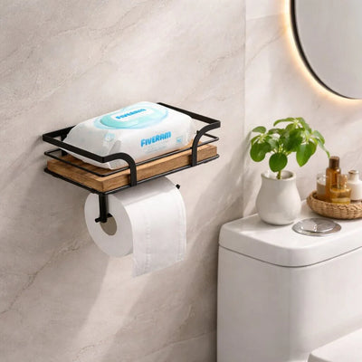 Toilet Paper Holder Wall-Mounted Shelf Space-Saving