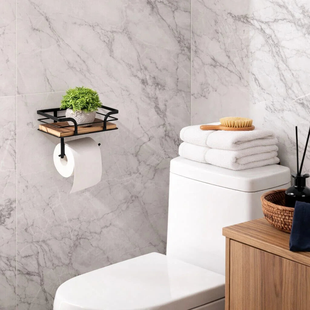 Toilet Paper Holder Wall-Mounted Shelf Space-Saving