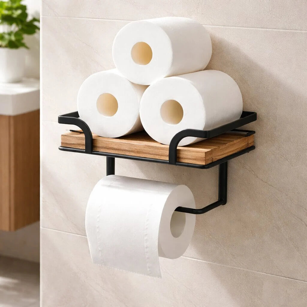 Toilet Paper Holder Wall-Mounted Shelf Space-Saving