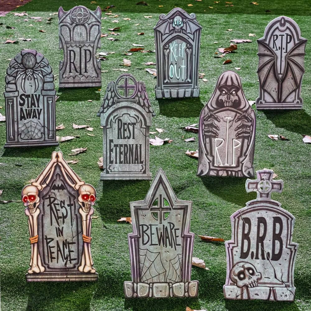 Tombstone Set 9-Piece Weather-Resistant Plastic With Metal Stakes