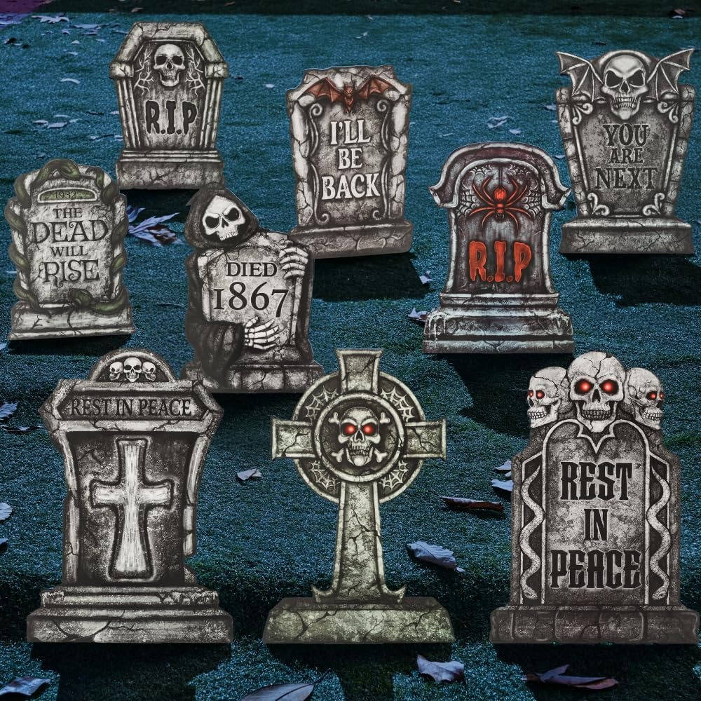 Tombstone Set 9-Piece Weather-Resistant Plastic With Metal Stakes