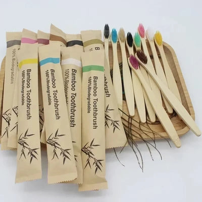 Toothbrush Set Bamboo Handle Soft Bristles 10-Pack