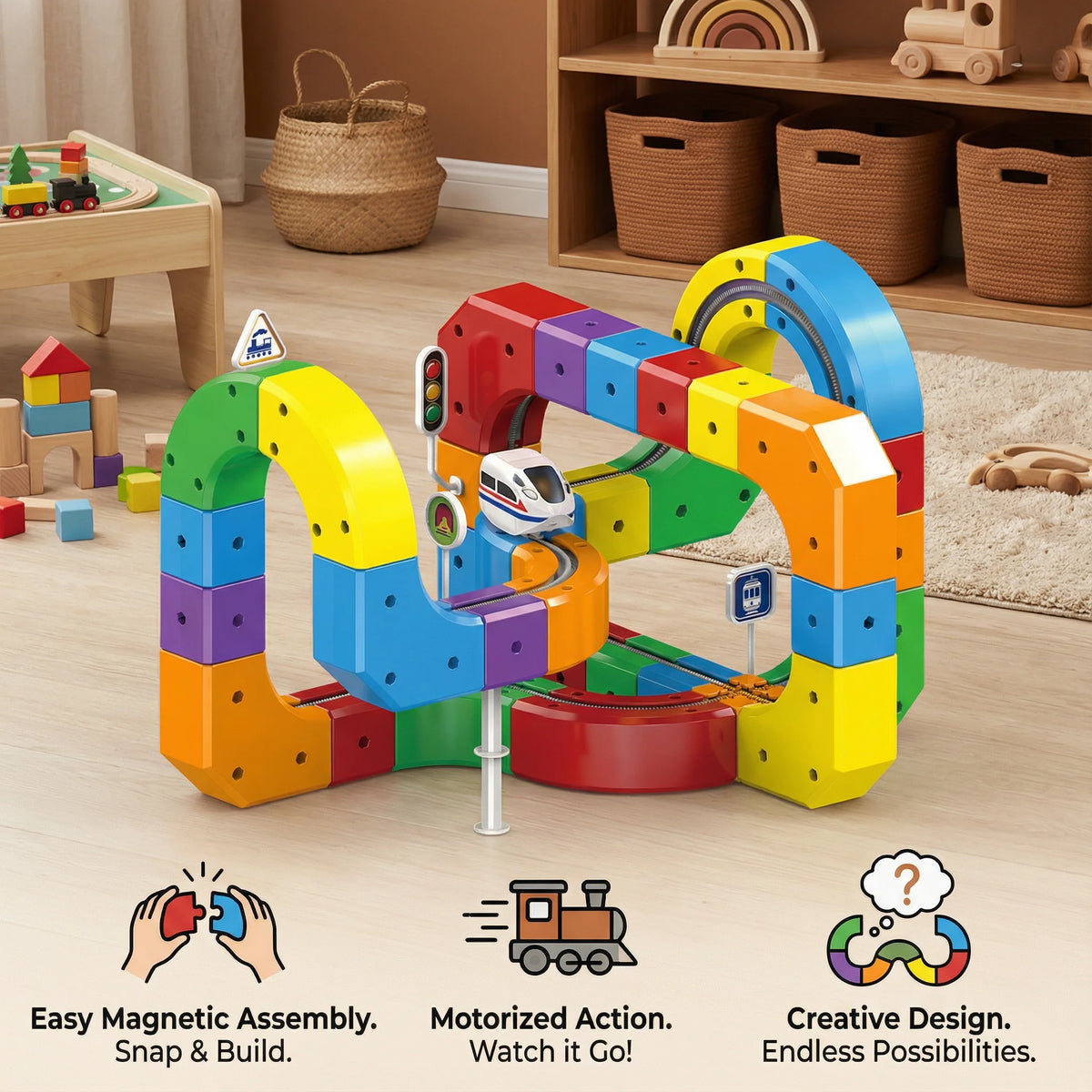Train Track Set 81-Piece Snap-Together Multi-Color Moving Train