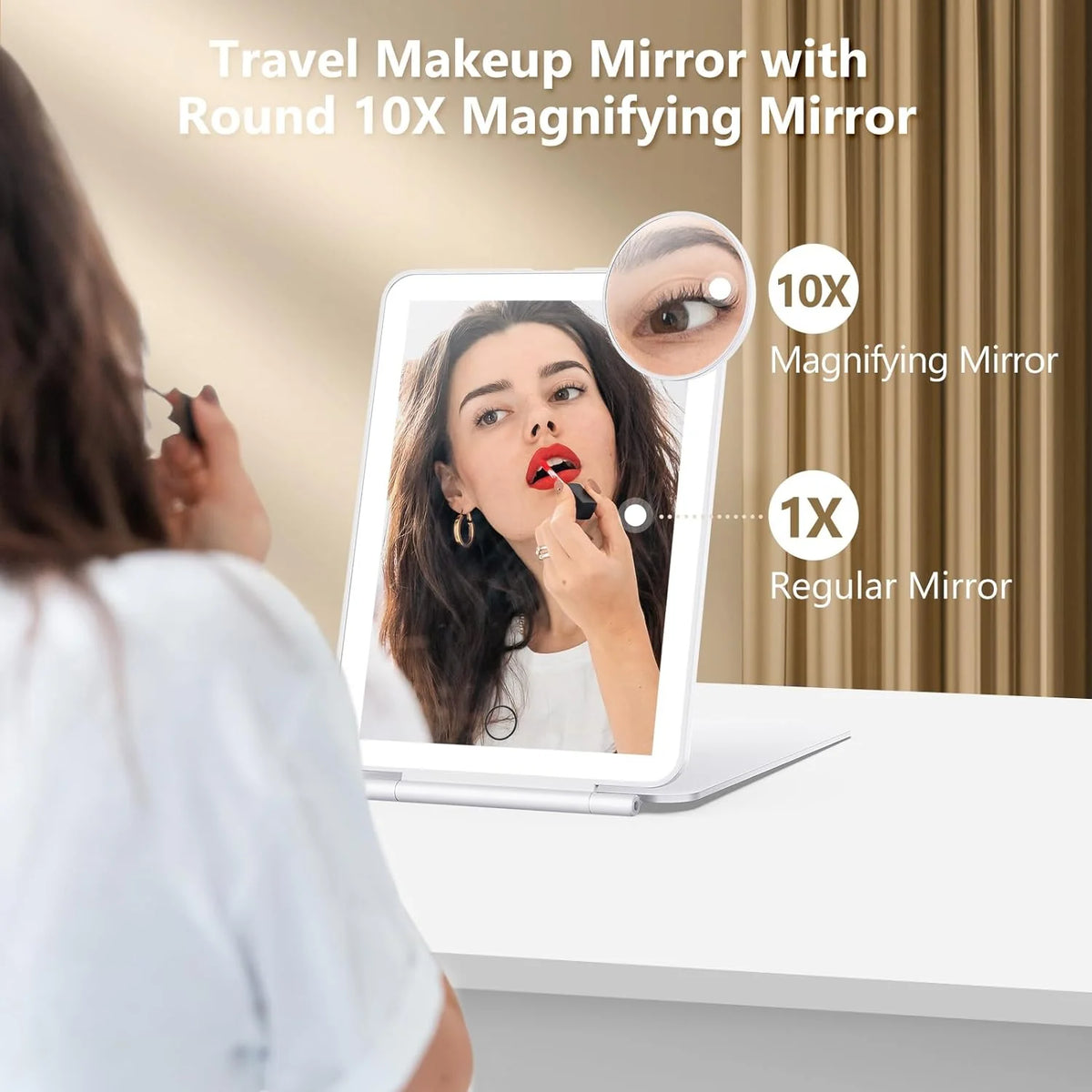 Travel Makeup Mirror 10X Magnification LED & Touch Controls Rechargeable