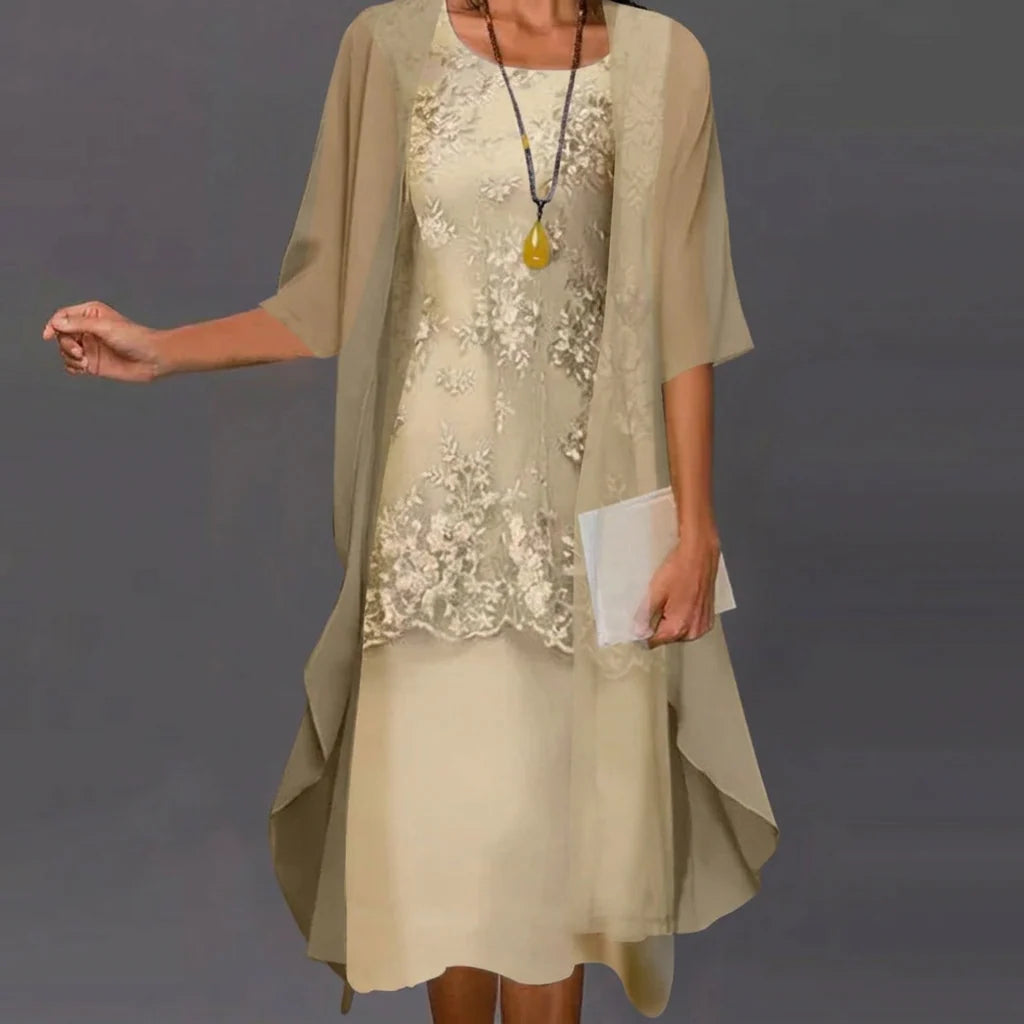 Two-Piece Dress Adjustable Layered Chiffon & Lace Accents