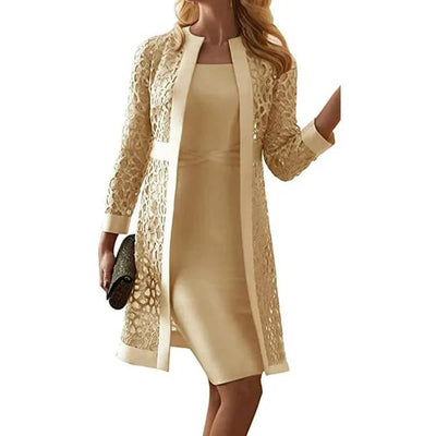 Two-Piece Dress Set Knee-Length Sheath Open-Front Lace Jacket