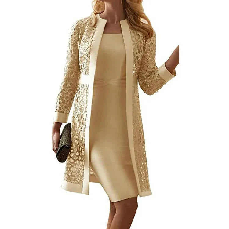 Two-Piece Dress Set Knee-Length Sheath Open-Front Lace Jacket