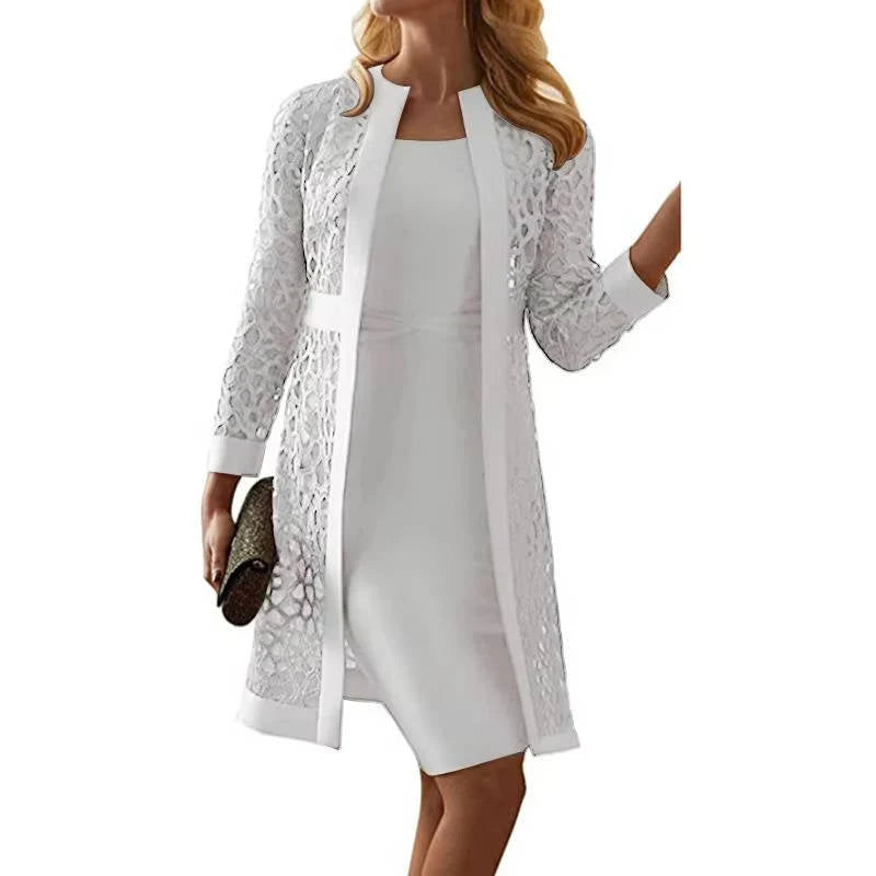 Two-Piece Dress Set Knee-Length Sheath Open-Front Lace Jacket