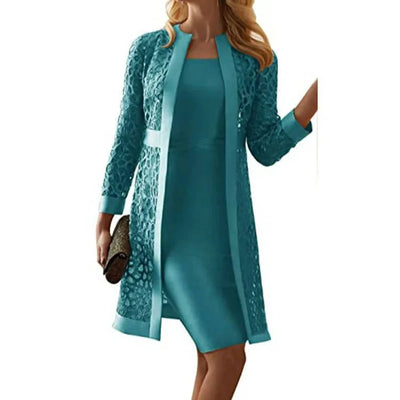 Two-Piece Dress Set Knee-Length Sheath Open-Front Lace Jacket