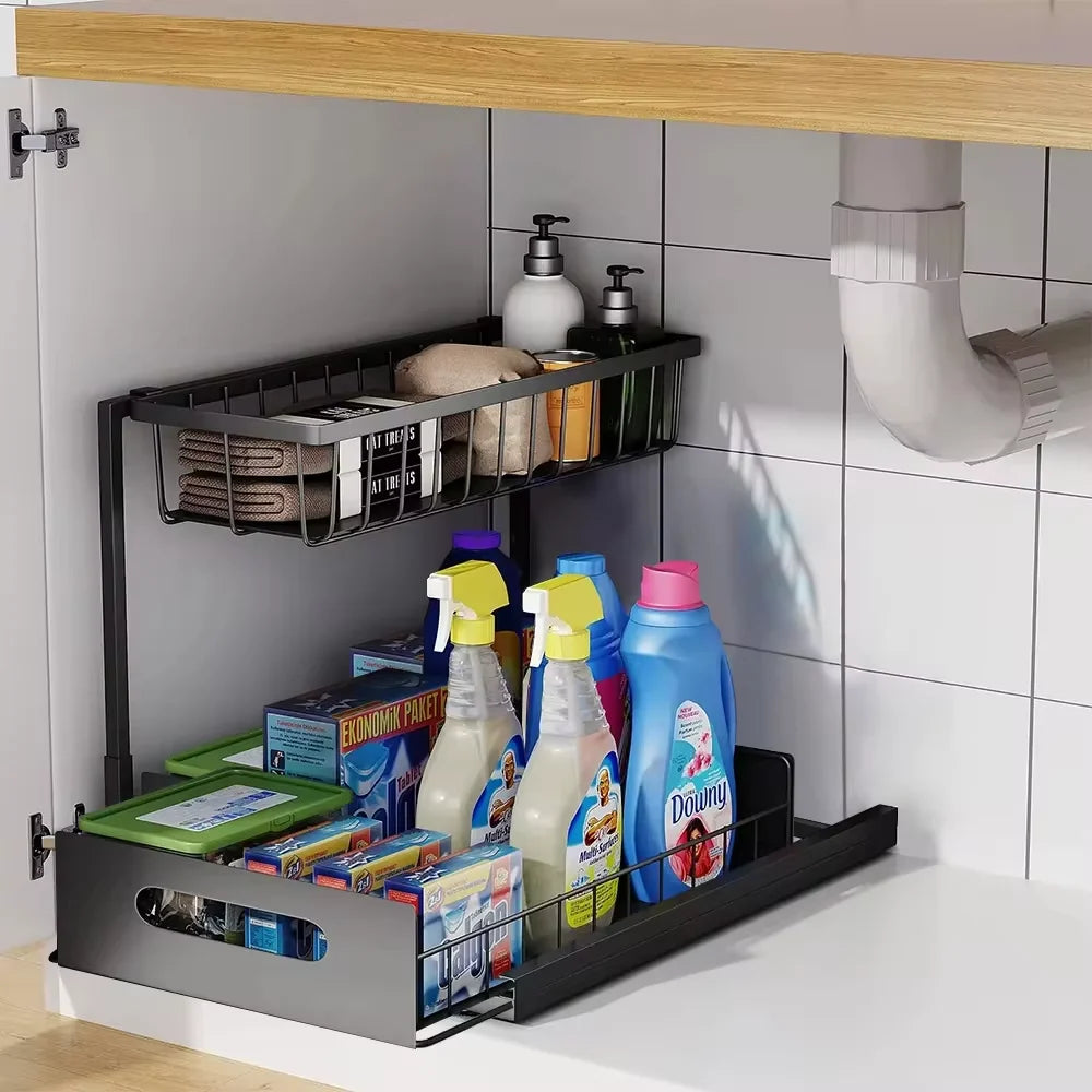 Under-Sink Organizer 2-Tier Sliding Tool-Free Setup