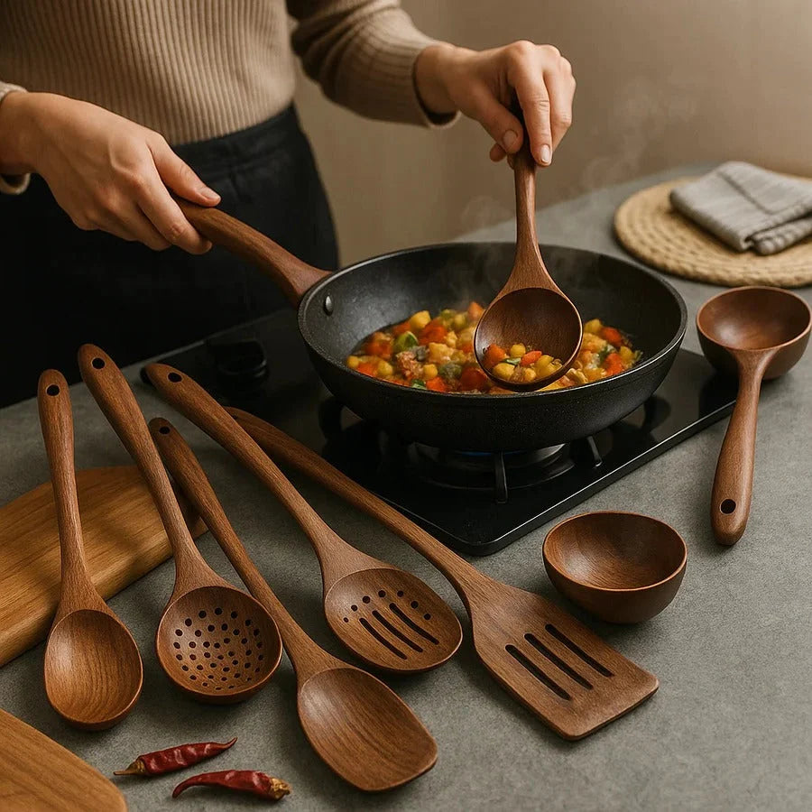 Utensil Set Teak Wood Pan-Safe Five Or Seven Pieces