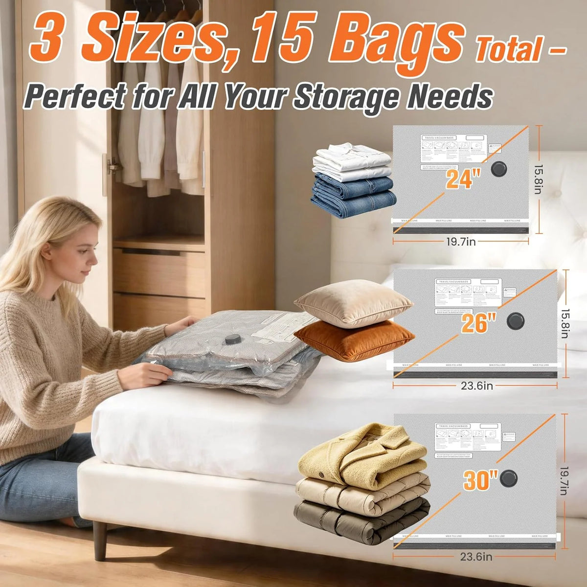 Vacuum Storage Bags Wireless Pump Zipper Seal Set of 15