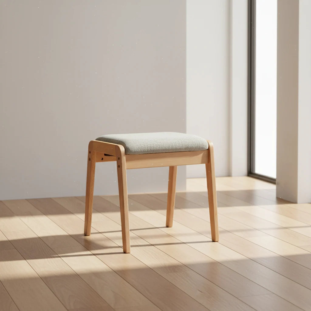 Vanity Stool Solid Wood Frame Padded Linen Seat Space-Saving Design
