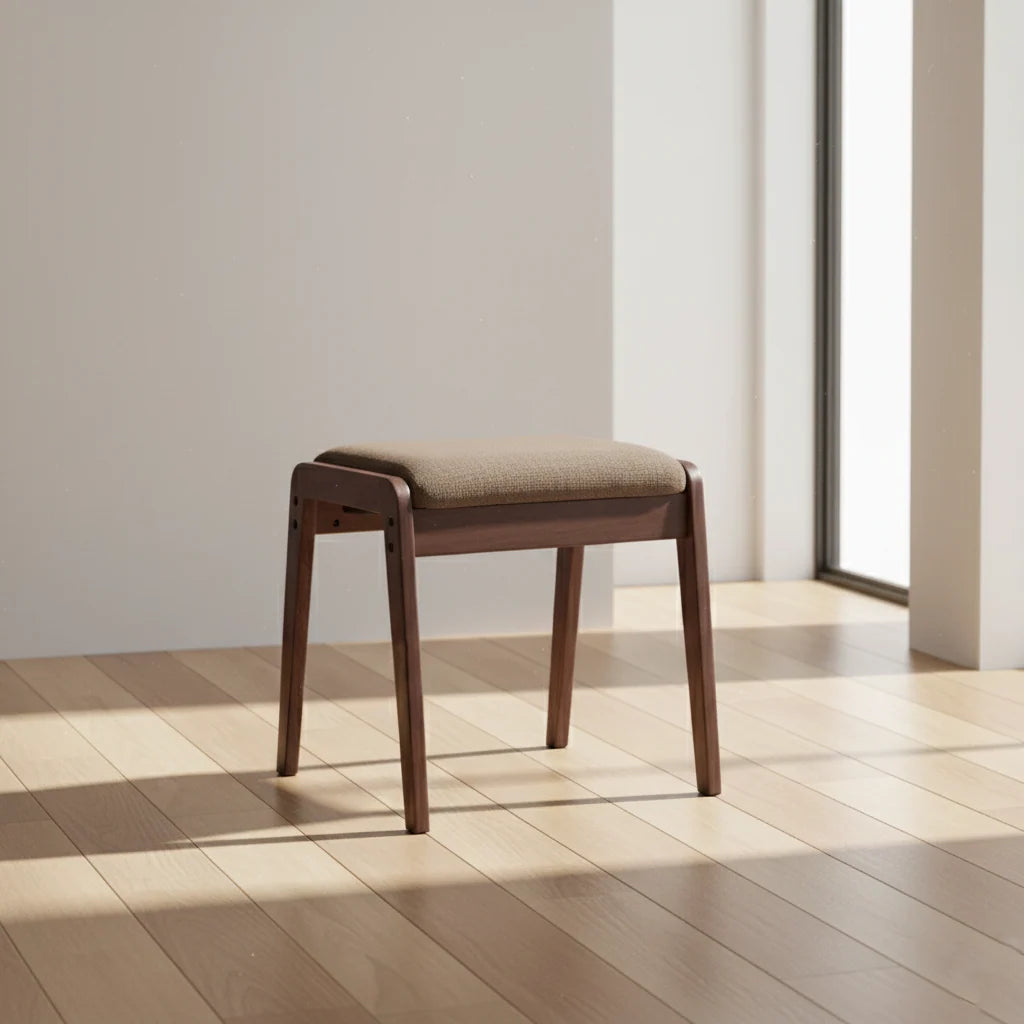 Vanity Stool Solid Wood Frame Padded Linen Seat Space-Saving Design