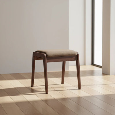 Vanity Stool Solid Wood Frame Padded Linen Seat Space-Saving Design