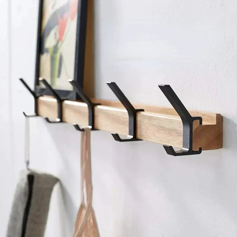 Wall Coat Rack Wood Base & Metal Hooks
