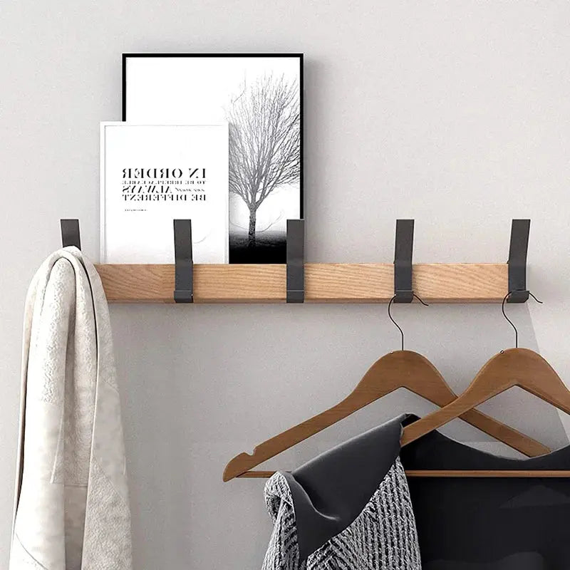 Wall Coat Rack Wood Base & Metal Hooks