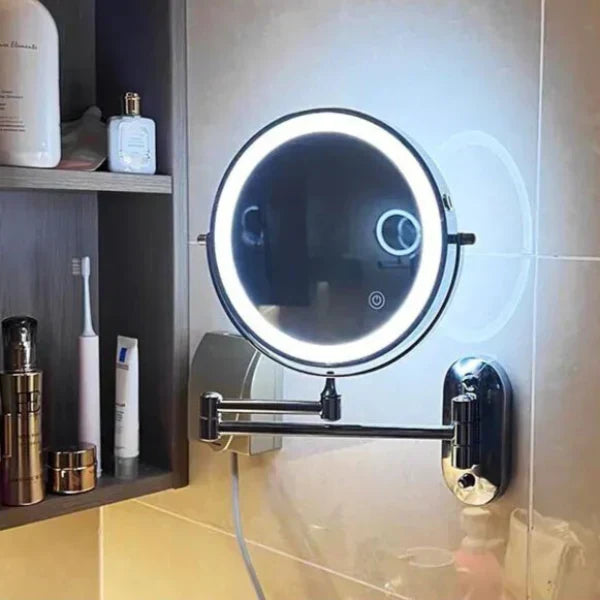 Wall-Mount Makeup Mirror Adjustable 3x-10x LED Touch USB-C Rechargeable