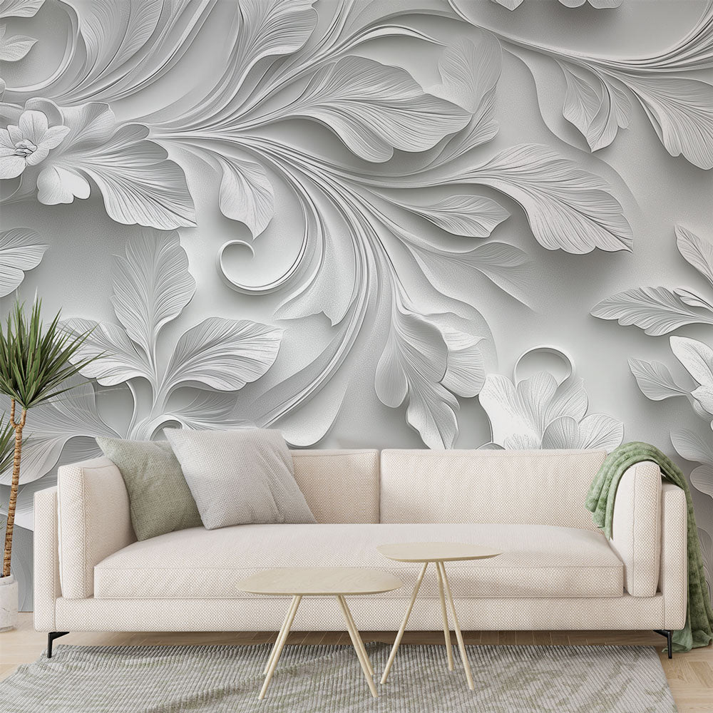Wallpaper 3D Embossed Floral White Paste-The-Wall & Self-Adhesive