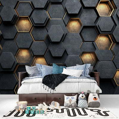Wallpaper 3D Embossed Hexagon Black & Gold Self-Adhesive Option