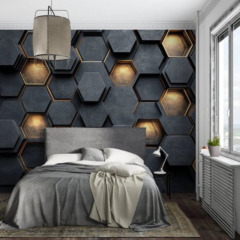 Wallpaper 3D Embossed Hexagon Black & Gold Self-Adhesive Option