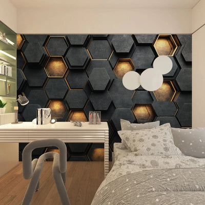 Wallpaper 3D Embossed Hexagon Black & Gold Self-Adhesive Option