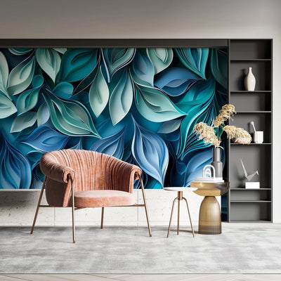Wallpaper 3D Embossed Leaves Blue-Green Peel-And-Stick & Non-Woven