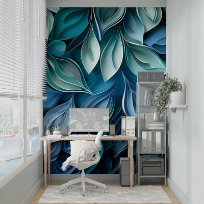 Wallpaper 3D Embossed Leaves Blue-Green Peel-And-Stick & Non-Woven