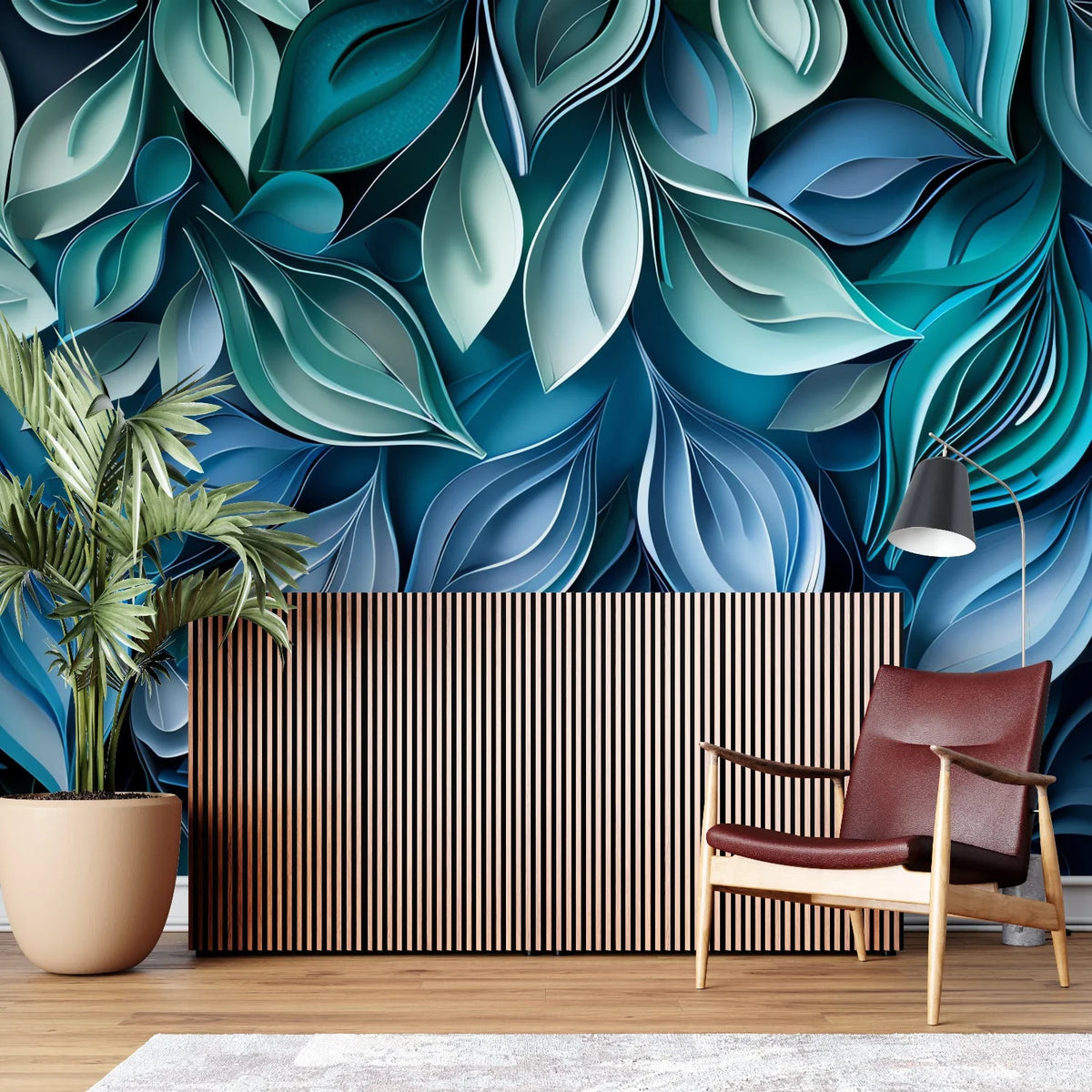 Wallpaper 3D Embossed Leaves Blue-Green Peel-And-Stick & Non-Woven