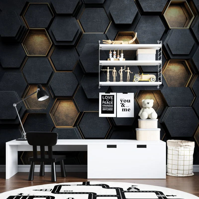 Wallpaper 3D Hexagon Embossed Black Gold Trim Self-Adhesive