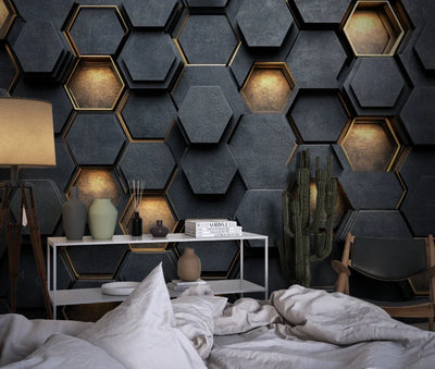 Wallpaper 3D Hexagon Embossed Black Gold Trim Self-Adhesive