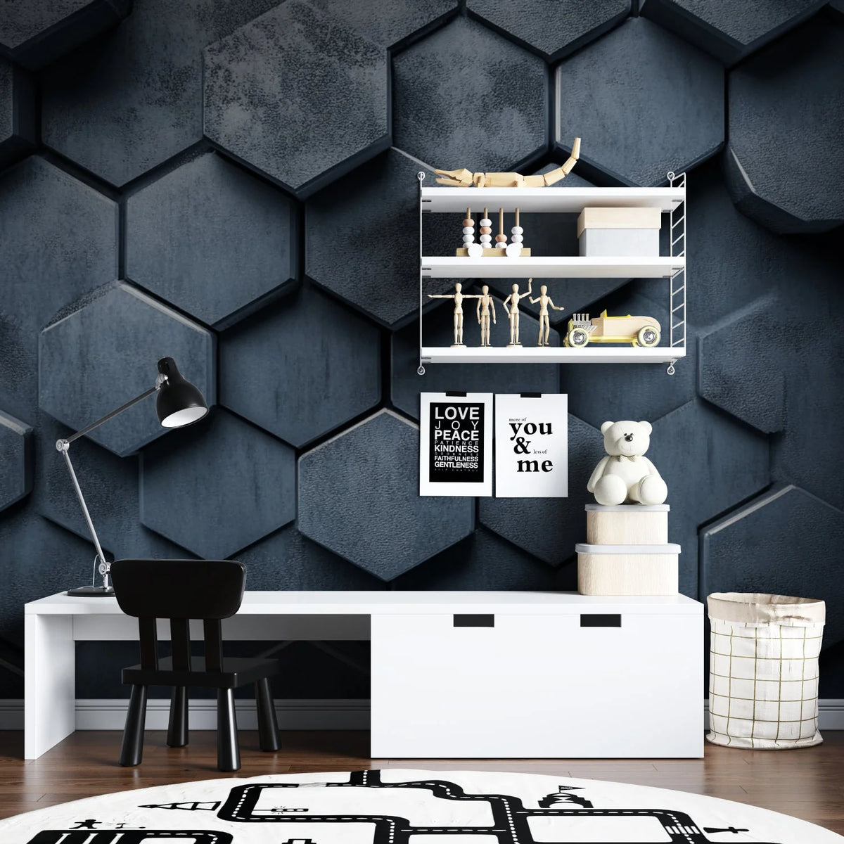 Wallpaper Non-Woven 3D Honeycomb Metallic Gray Peel & Stick