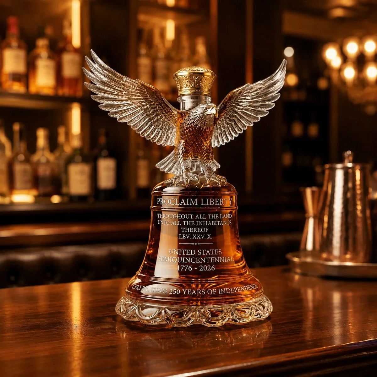 Whiskey Decanter Crystal Engraved Liberty Bell Gold Eagle Stopper