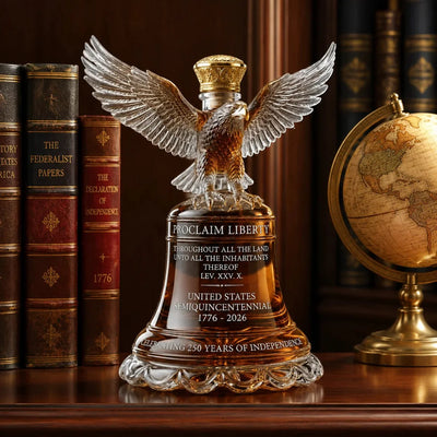 Whiskey Decanter Crystal Engraved Liberty Bell Gold Eagle Stopper