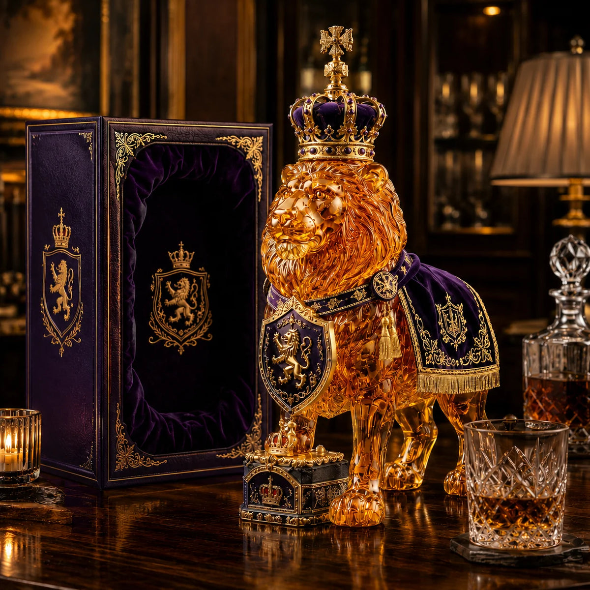 Whiskey Decanter Sculpted Lion Design 11.8 Oz Glass