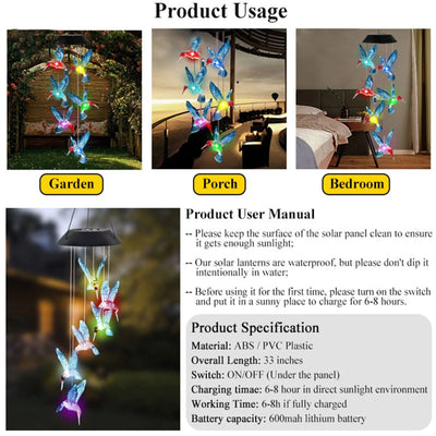 Wind Chime Light Solar-Powered Hummingbird Bulbs Dusk-To-Dawn