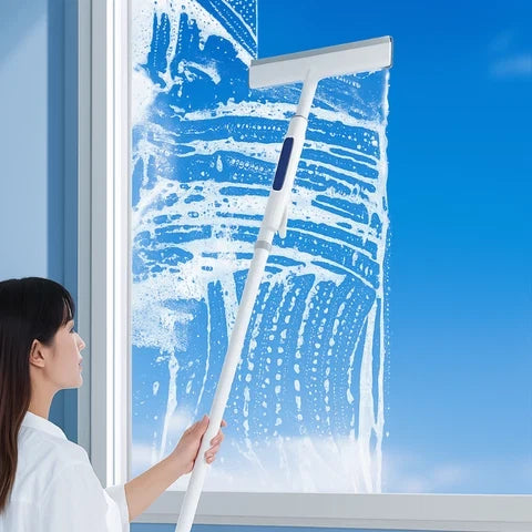 Window Wiper Integrated Spray & Double Blade Telescopic Handle