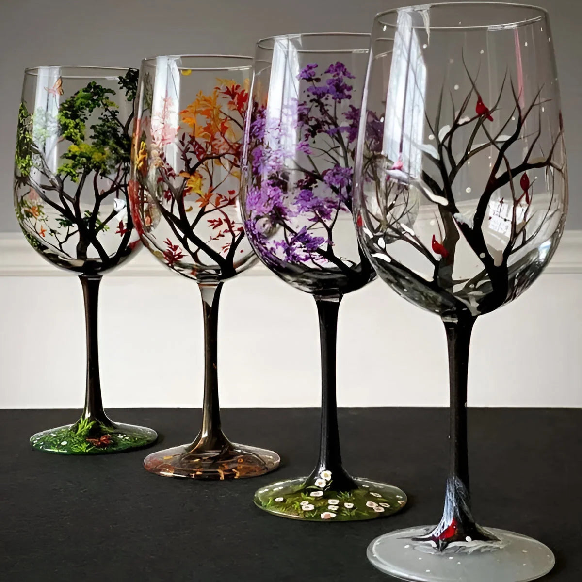 Wine Glass Hand-Painted Seasonal Tree Design Dishwasher Safe