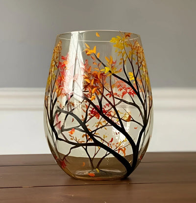 Wine Glass Hand-Painted Seasonal Tree Design Dishwasher Safe