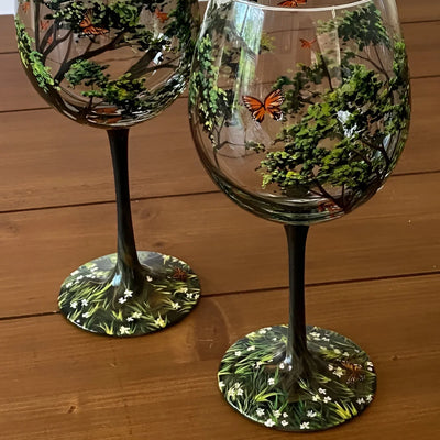 Wine Glass Hand-Painted Seasonal Tree Design Dishwasher Safe