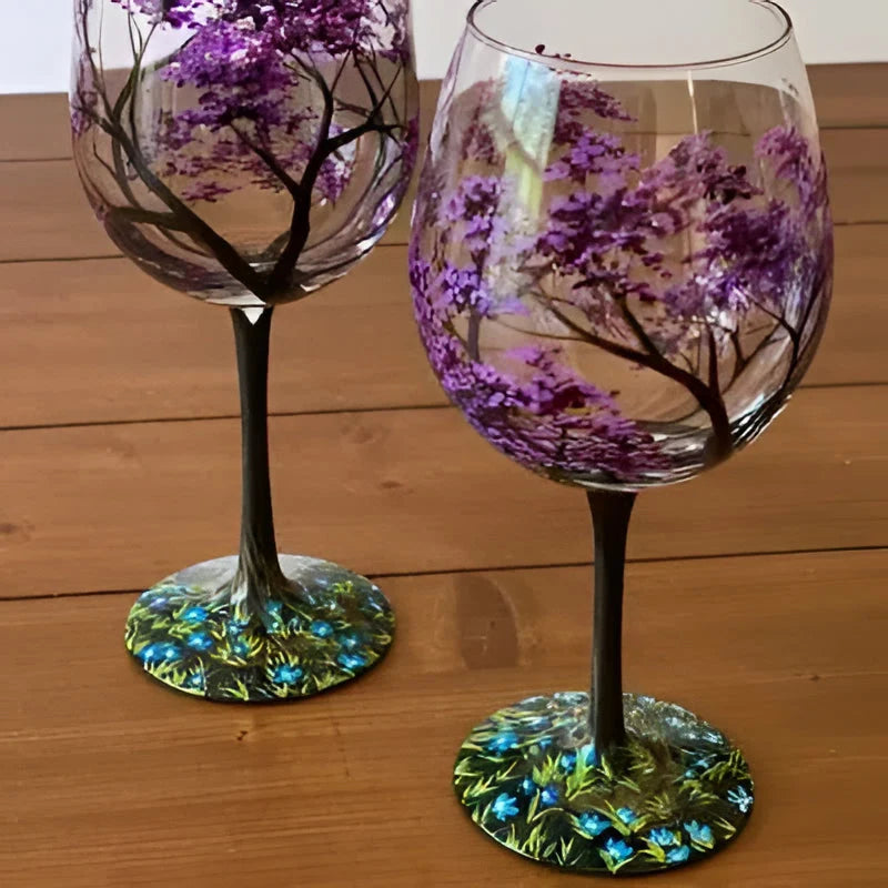 Wine Glass Hand-Painted Seasonal Tree Design Dishwasher Safe