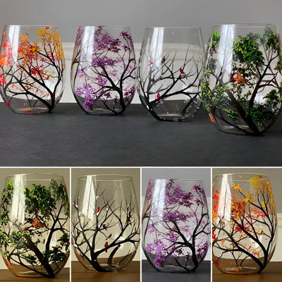 Wine Glass Hand-Painted Seasonal Tree Design Dishwasher Safe