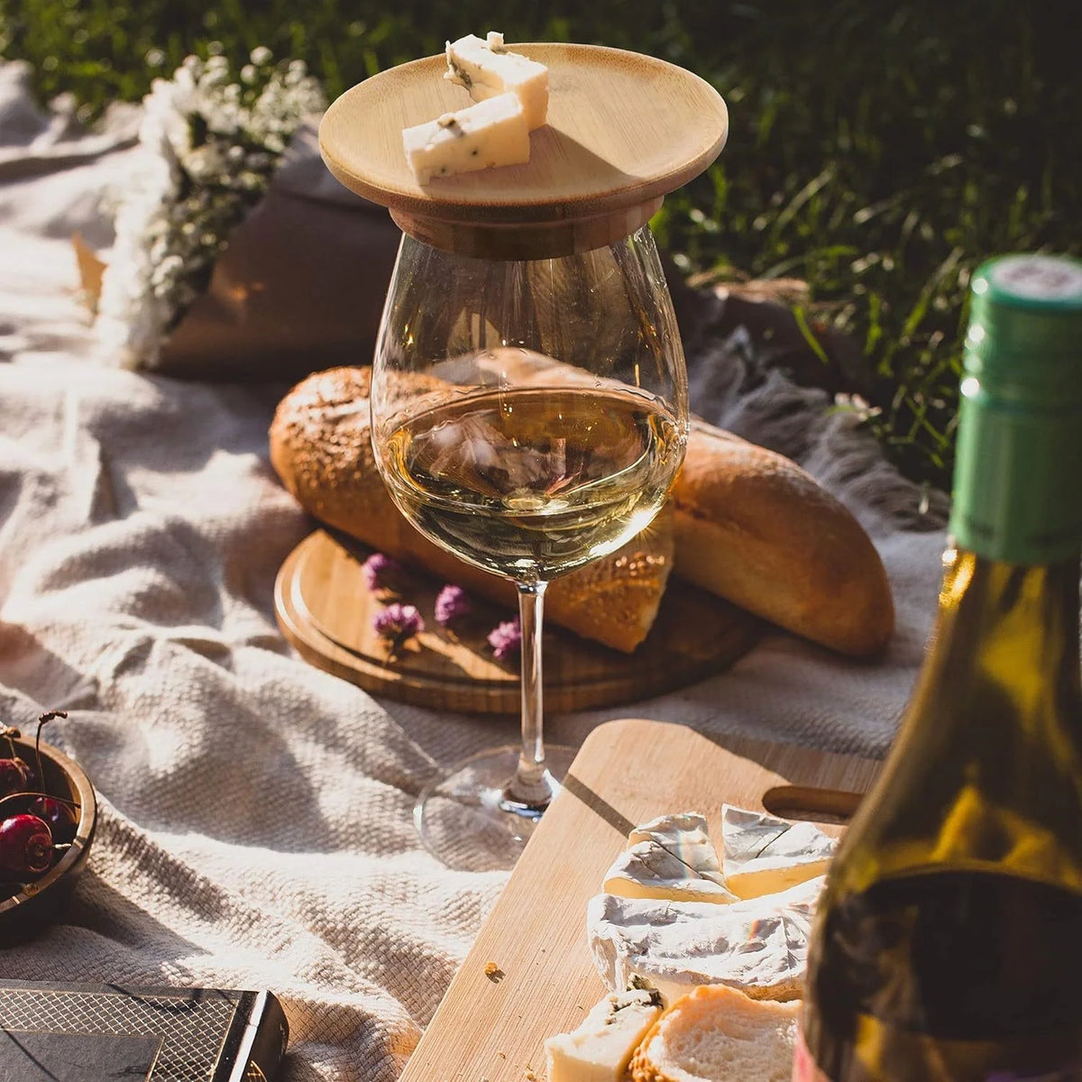 Wine Glass Lid & Coaster Bamboo Stackable Set of 4