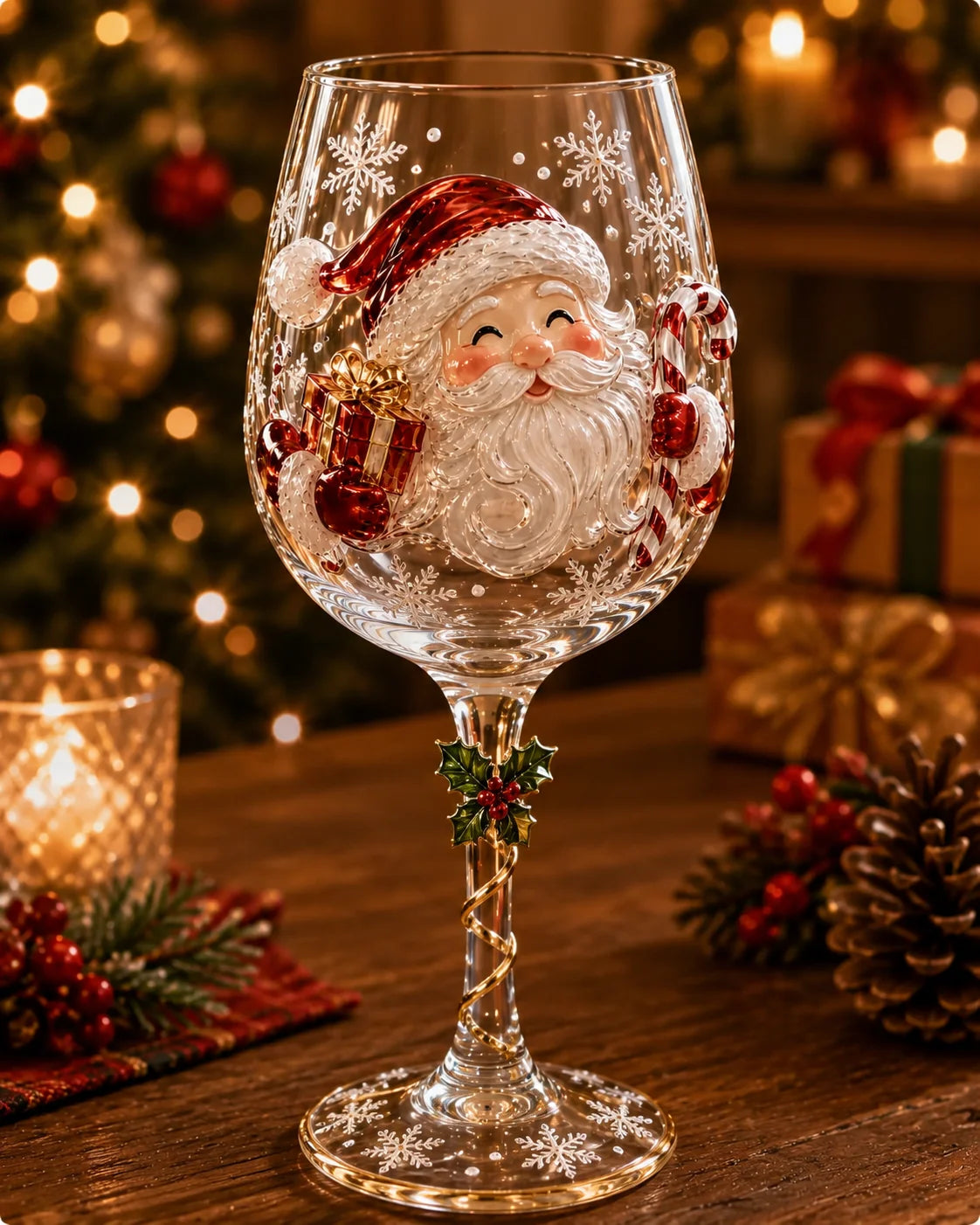 Wine Glasses Raised 3D Christmas Designs Set of 6
