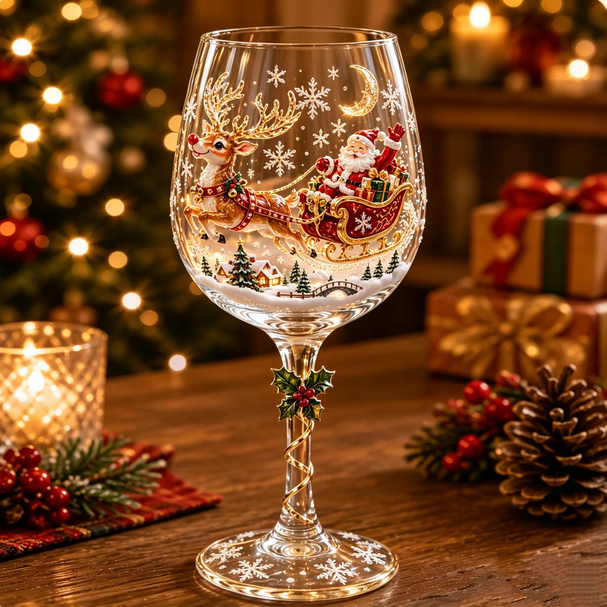 Wine Glasses Raised 3D Christmas Designs Set of 6