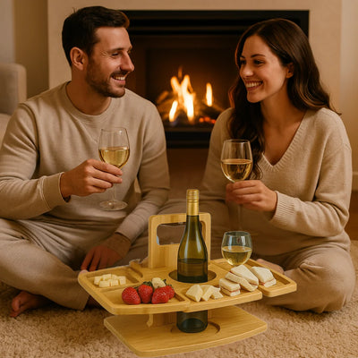 Wine Table Foldable Acacia Wood Glass & Bottle Holders