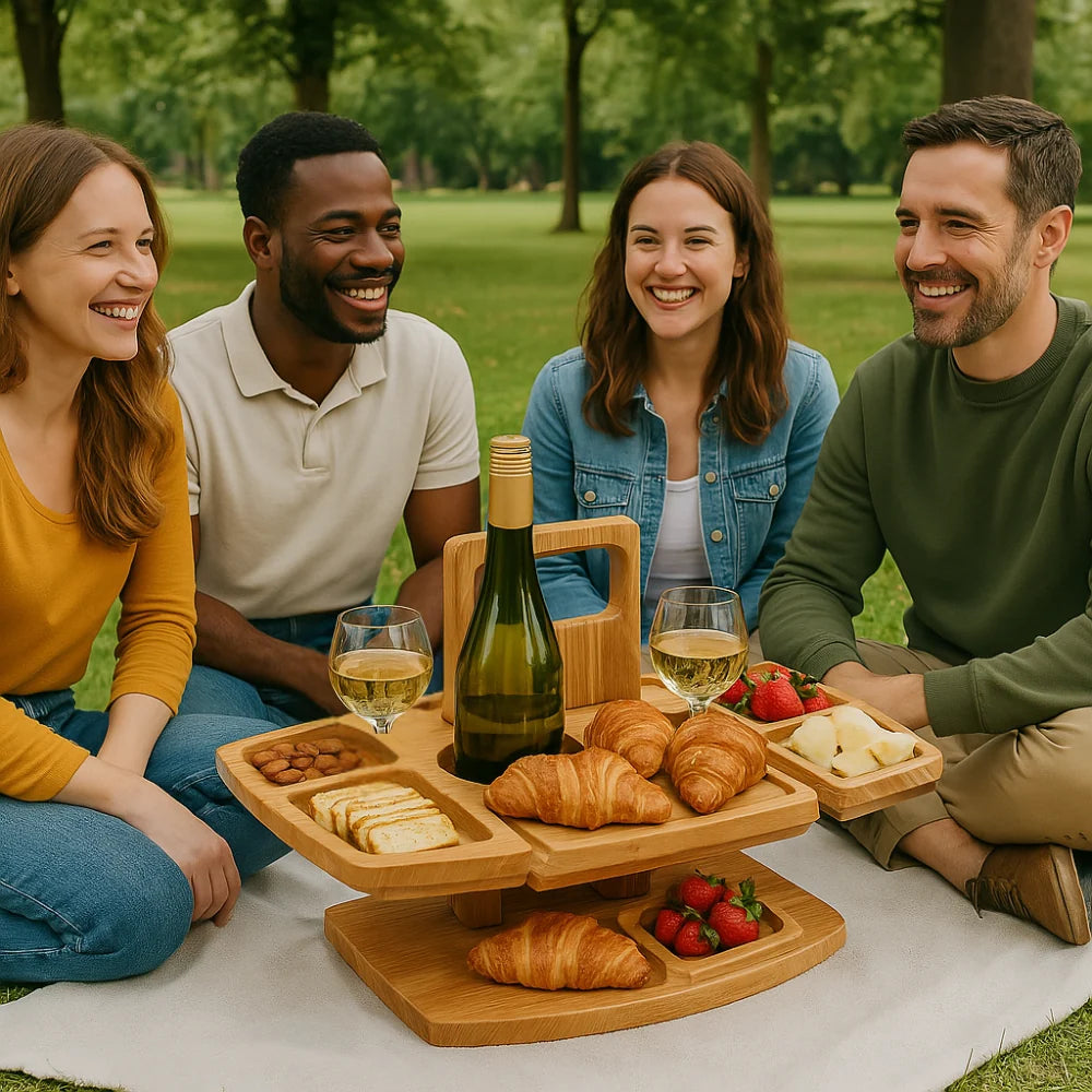 Wine Table Foldable Acacia Wood Glass & Bottle Holders