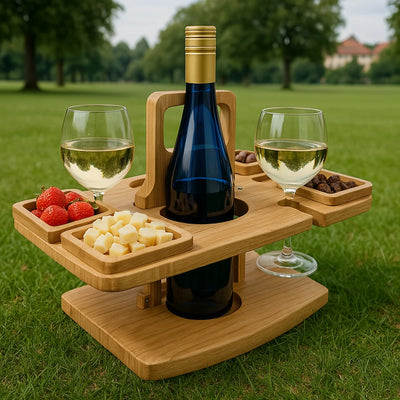 Wine Table Foldable Acacia Wood Glass & Bottle Holders