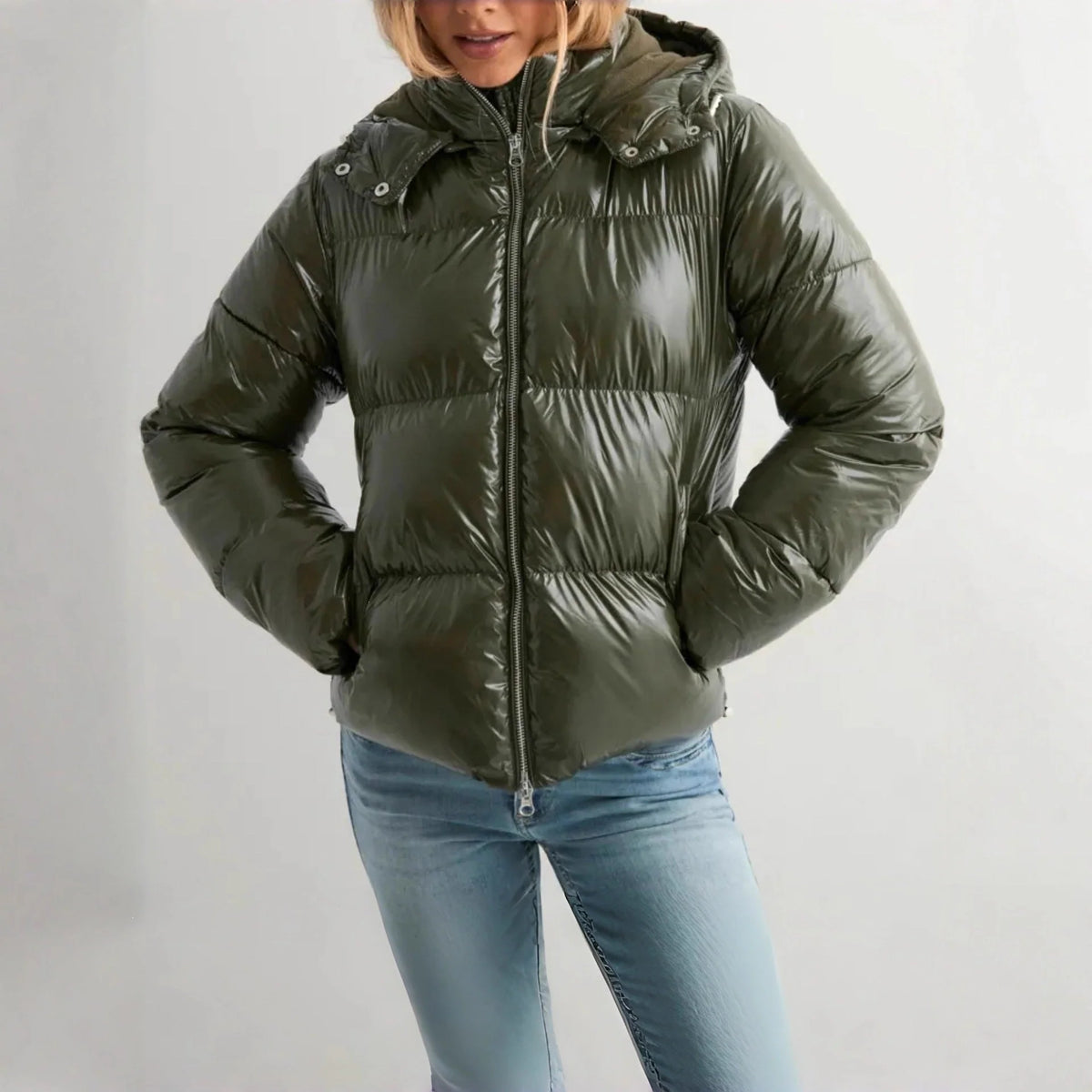 Women's Down Jacket Lightweight Adjustable Hood Glossy Finish